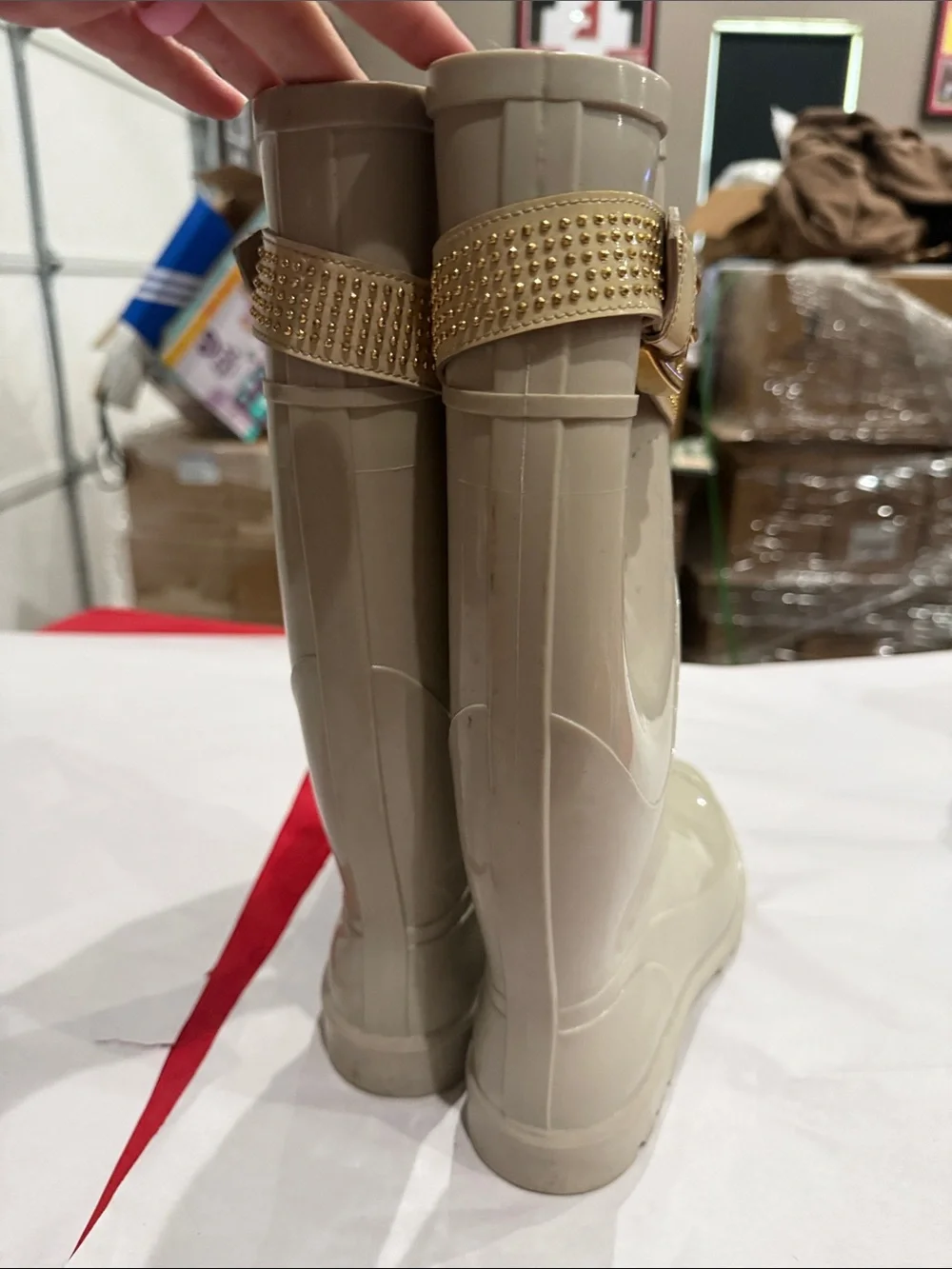Burberry Cream Tall Rain Boots with Gold Buckle Strap